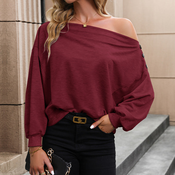 Women's Oversize Off-Shoulder Sweatshirt with Decorative Button Placket and Balloon Sleeves Mune Fashion