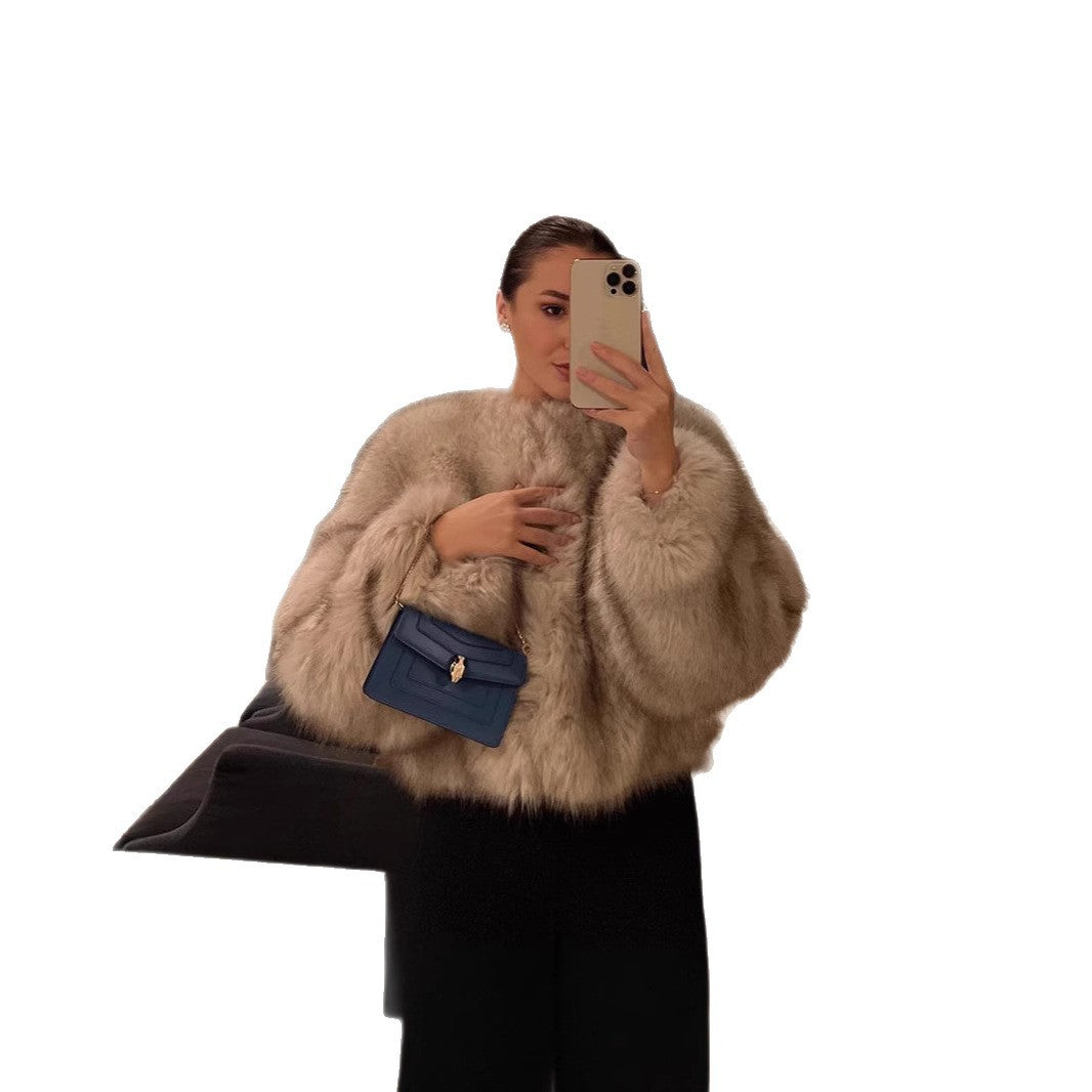 Women Cropped Faux Fur Bomber with Round Neck, Soft Draping High Pile and Boxy Silhouette Mune Fashion