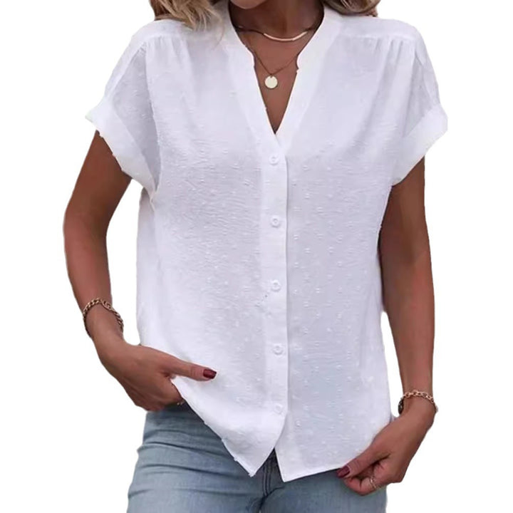 Ladies airy V-neck front button blouse with dobby dots and roll-up short sleeves Mune Fashion