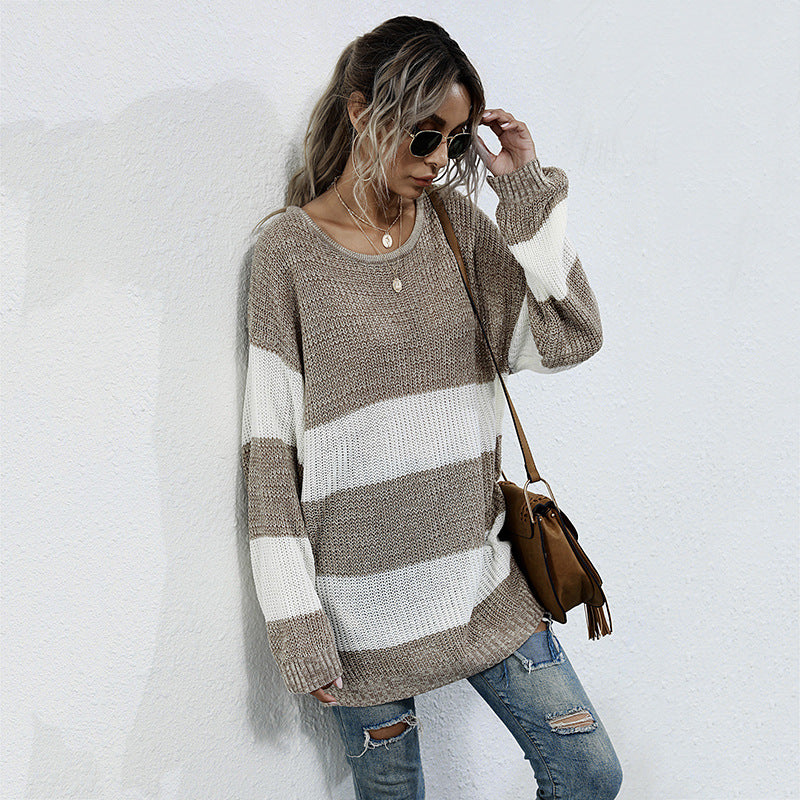 Women's Long Oversized Knit Sweater with Wide Block Stripes and Dropped Shoulder Mune Fashion