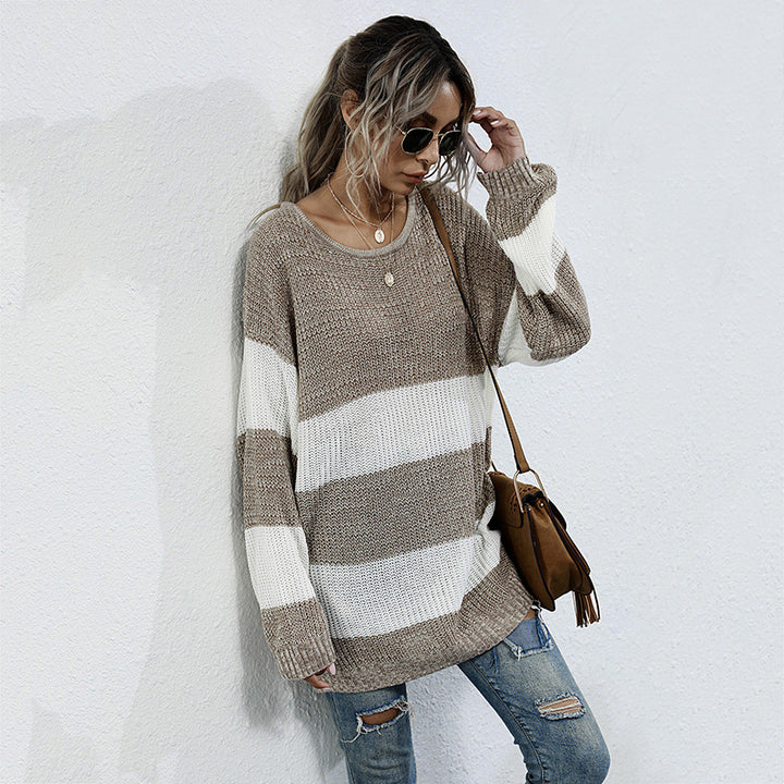 Women's Long Oversized Knit Sweater with Wide Block Stripes and Dropped Shoulder Mune Fashion