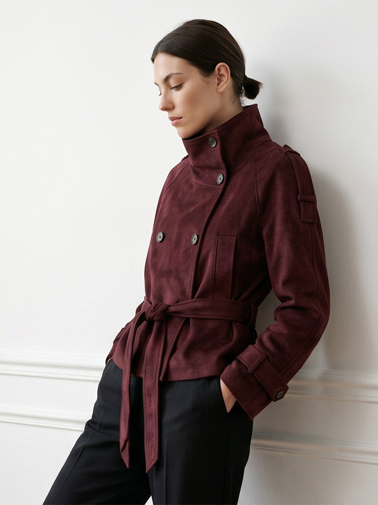 Women's Tailored Short Jacket in Suede Look with Double Breasted and Stand-Up Collar Mune Fashion