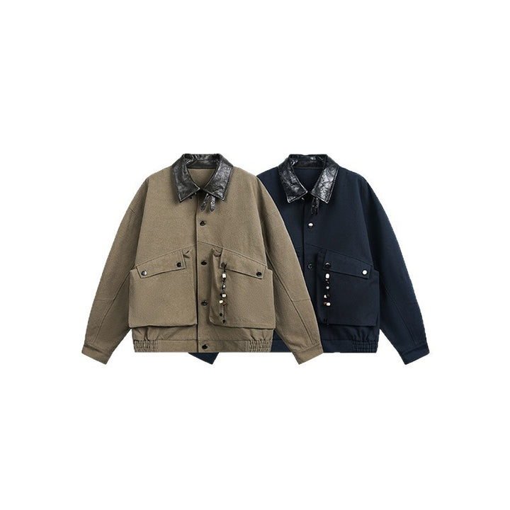 Men's Oversize Harrington Jacket with Faux Leather Collar, Flap Pockets, and Elastic Hem Mune Fashion