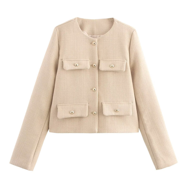 Women Short Boucle Blazer Jacket with Round Neck, Decorative Pocket Flaps, and Gold-Colored Buttons Mune Fashion