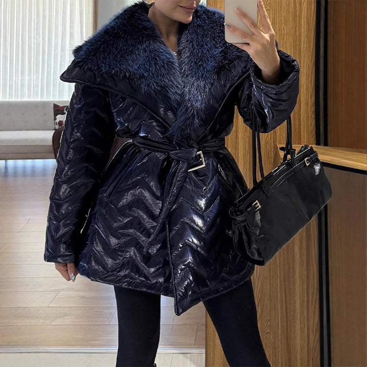 Ladies Shiny Padded Jacket with Waist Belt and Voluminous Faux Fur Collar Mune Fashion