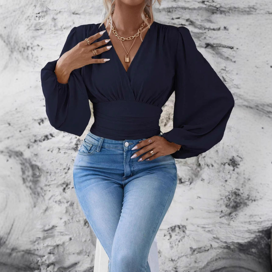 Women's Wrap Cropped Top with Gathered Waist and Wide Balloon Sleeves Mune Fashion