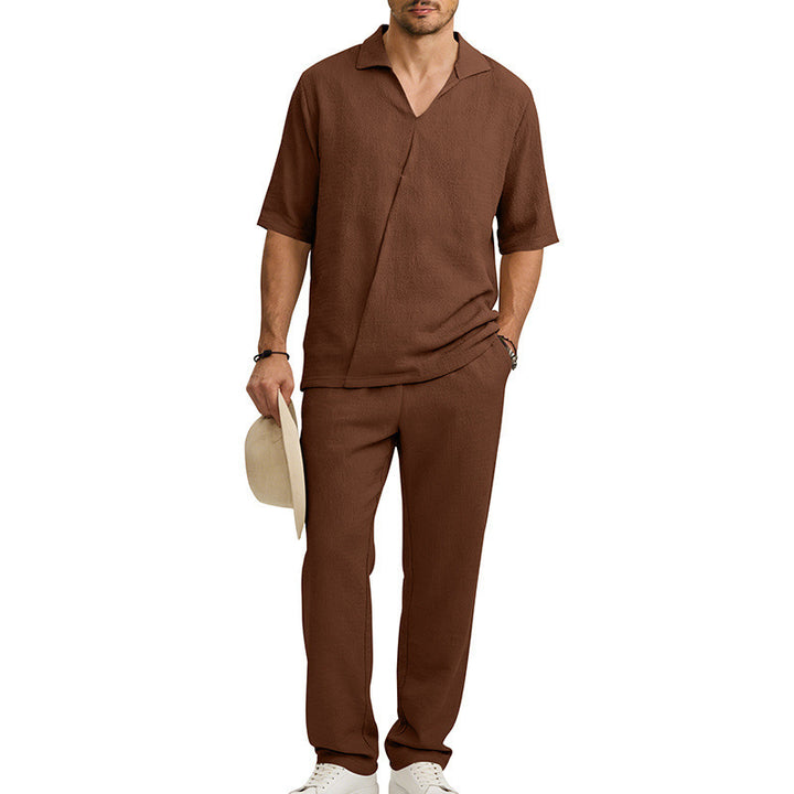 Men's crepe structure leisure set with open lapel collar and straight comfort trousers with side pockets Mune Fashion