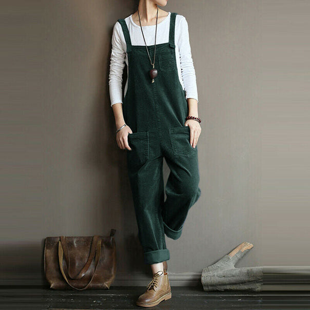 Women Corduroy Bib Pants Wide