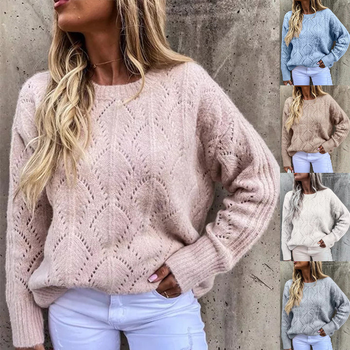 Women Oversize Ajour Knit Sweater with Round Neck Mune Fashion