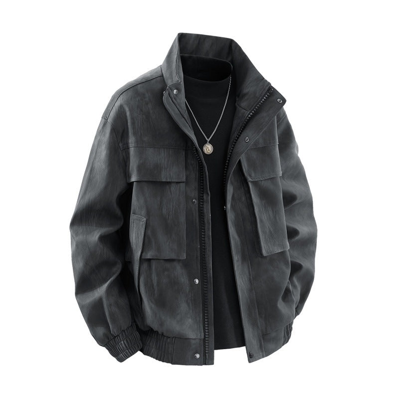 Men's utility Harrington jacket in leather look with multiple pockets and elastic hem Mune Fashion