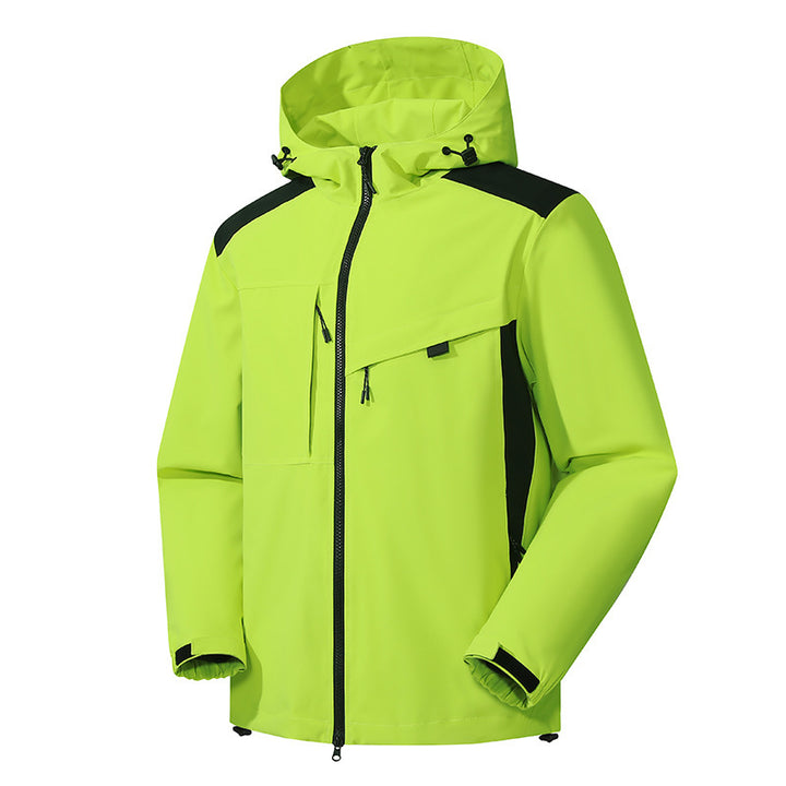 Men's wind and water-resistant softshell jacket with adjustable hood, two-way zipper, and asymmetrical chest pocket Mune Fashion