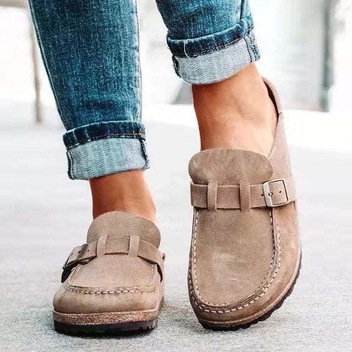 Damen Veloursleder-Slipper mit ergonomischer Korksohle und verstellbarem Schnallenriemen Mune Fashion