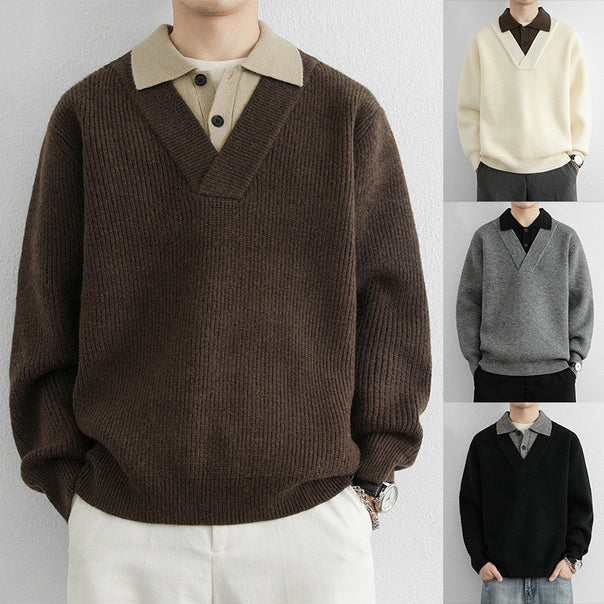 Men's Fashionable V-Neck Pullover with Textured Rib Details Mune Fashion