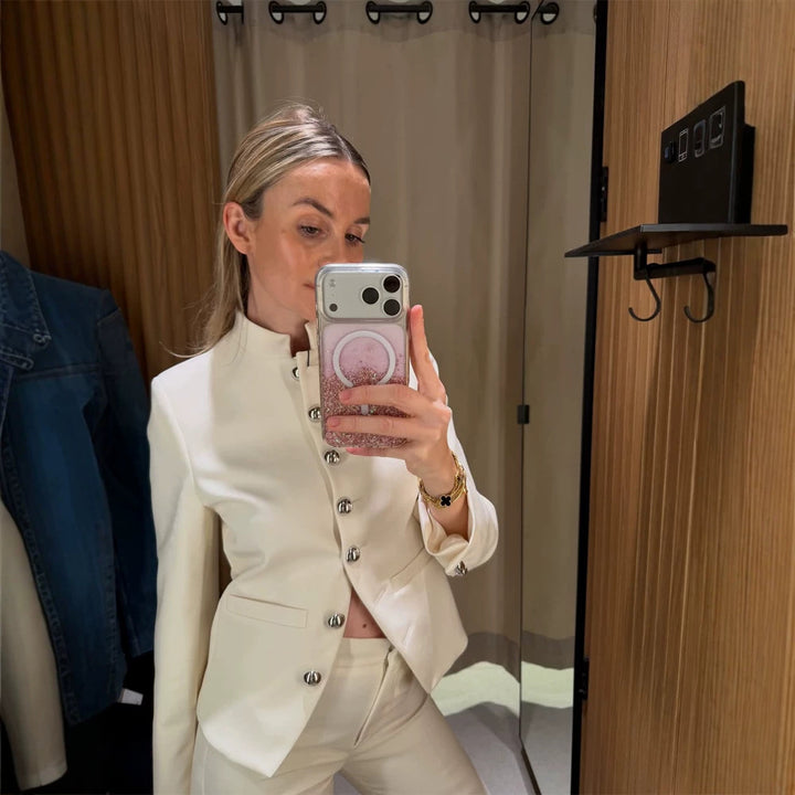 Women Tailored Blazer with Stand Collar and Silver Decorative Buttons Mune Fashion