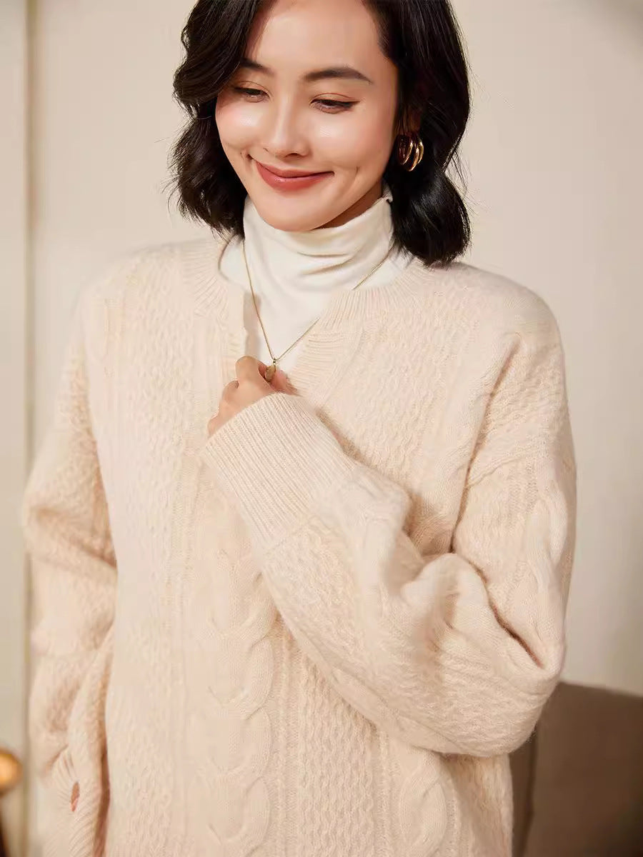Women's Oversize Cable Knit Sweater with V-Inset and Cashmere-like Softness Mune Fashion