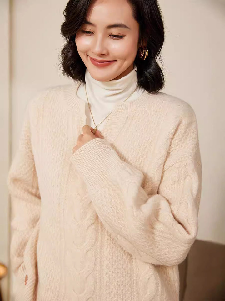 Women's Oversize Cable Knit Sweater with V-Inset and Cashmere-like Softness Mune Fashion