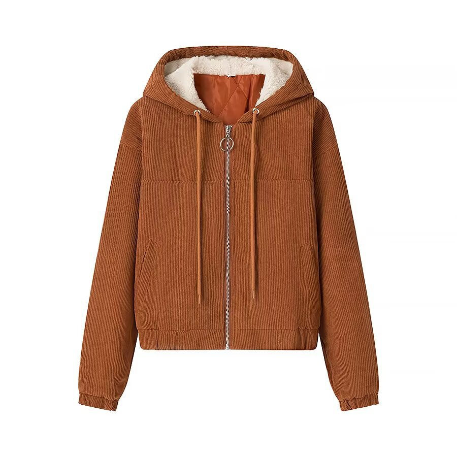 Women's short cord jacket with hood, teddy lining and full zip Mune Fashion
