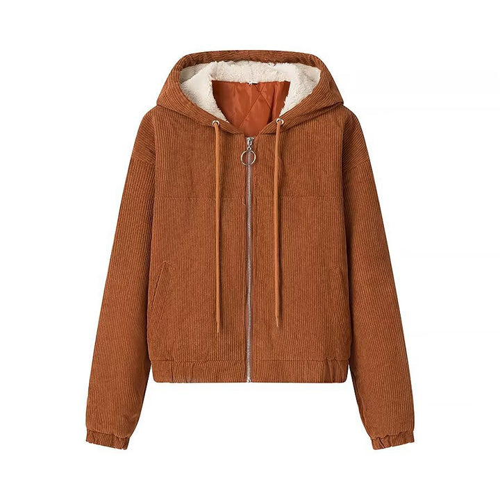 Women's short cord jacket with hood, teddy lining and full zip Mune Fashion