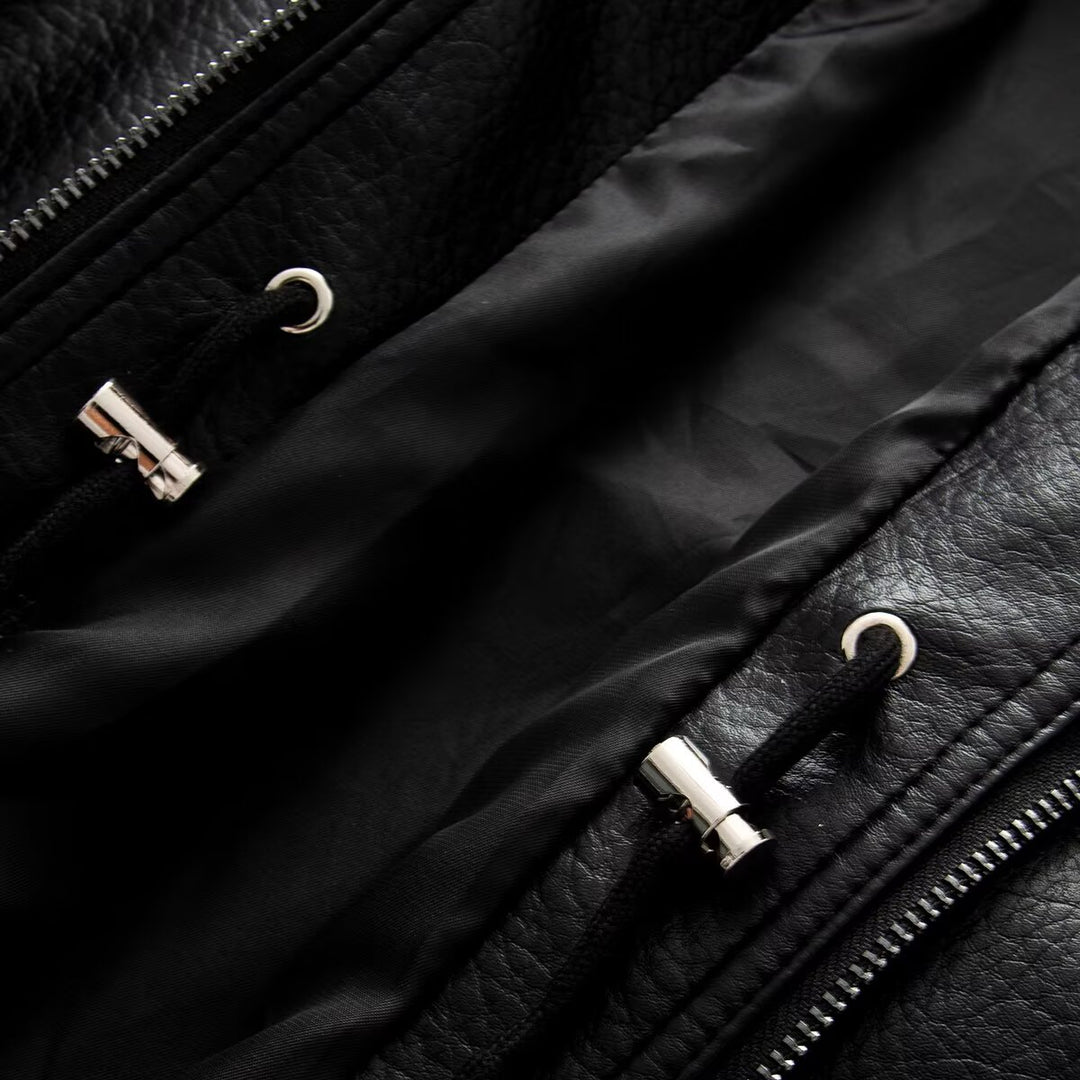 Women Oversized Double-Breasted Faux Leather Coat with Drawstring and Stand-Up Collar Mune Fashion