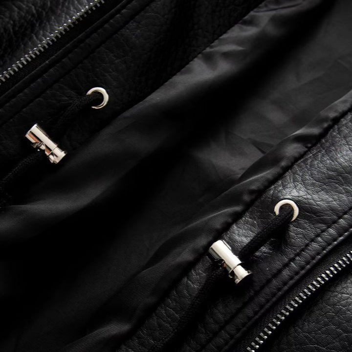 Women Oversized Double-Breasted Faux Leather Coat with Drawstring and Stand-Up Collar Mune Fashion