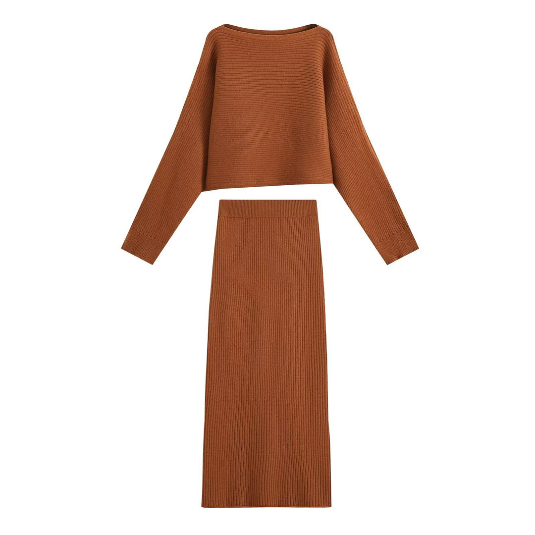 Women's Ribbed Knit Two-Piece Set with Short Bateau Sweater and Fitted Midi Skirt Drune
