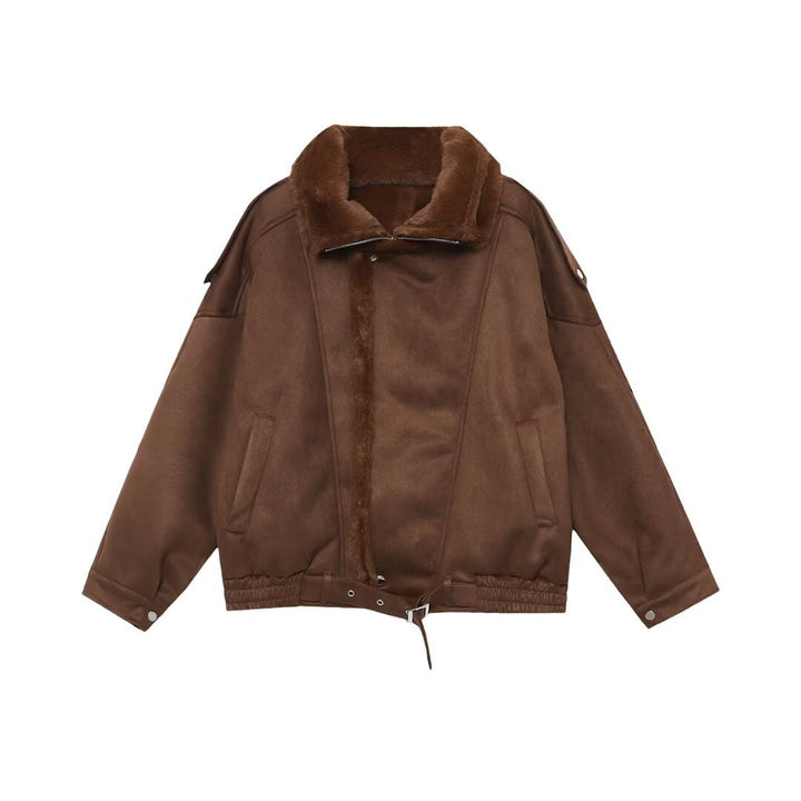 Women's Oversized Aviator Jacket with Teddy Lining, Stand Collar and Waist Belt Mune Fashion