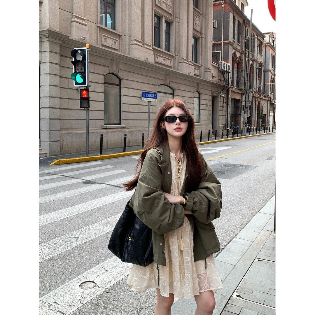 Women Oversize Utility Jacket with Balloon Sleeves and Drawstring Mune Fashion
