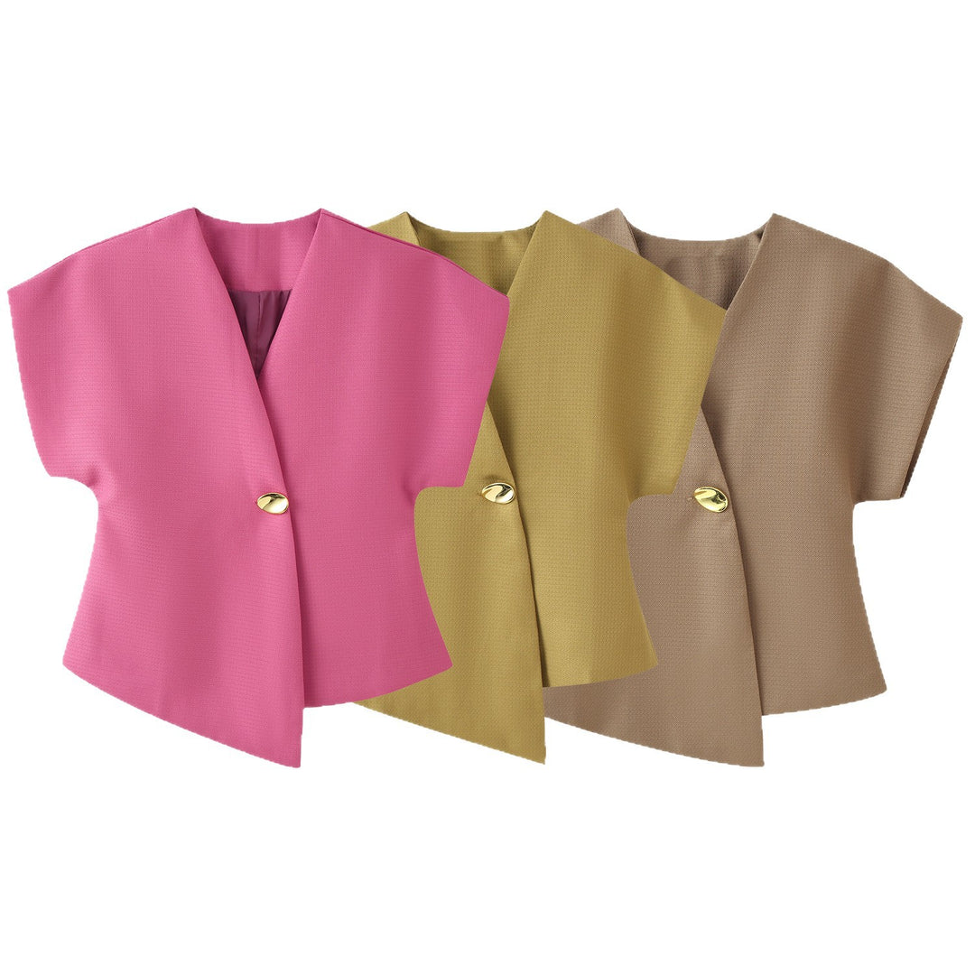Women's short blazer without sleeves with tailored peplum and deep V-neck Mune Fashion