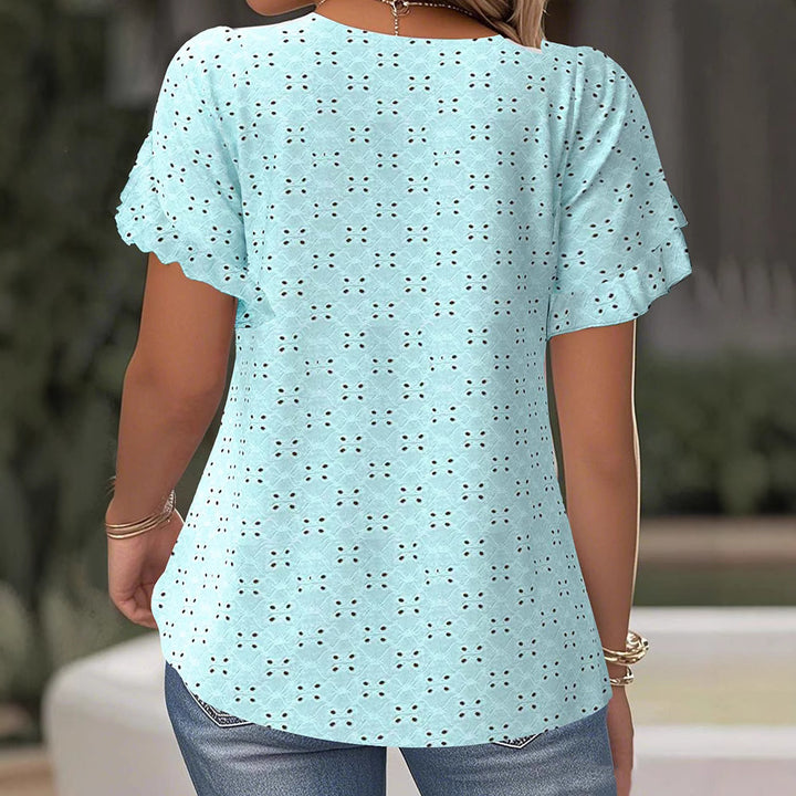 Women's Broderie Anglaise Blouse with Double Ruffle Sleeves and Casual Hip Length Mune Fashion