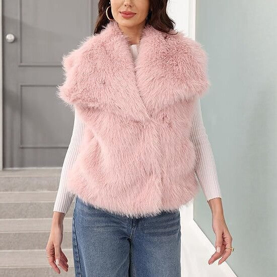 Ladies sleeveless long-pile faux fur vest with voluminous shawl collar Mune Fashion