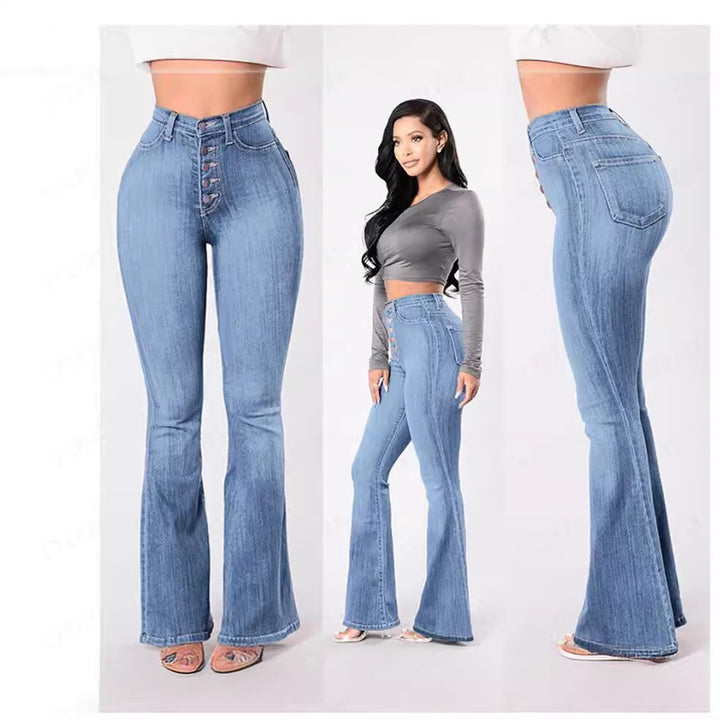 Women's high-waisted bootcut jeans with visible button placket, figure-flattering stretch, and slim thigh Mune Fashion