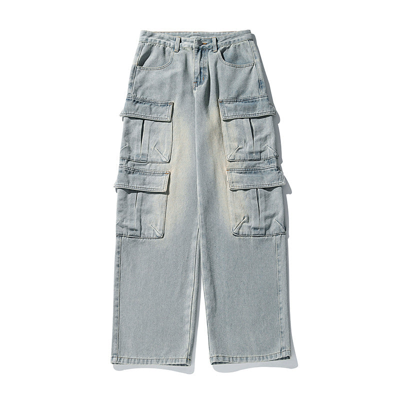 Unisex wide cargo jeans pants with high waist, multiple flap pockets and straight leg Mune Fashion
