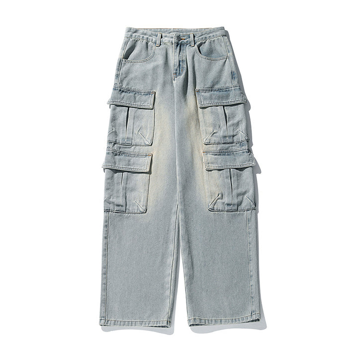 Unisex wide cargo jeans pants with high waist, multiple flap pockets and straight leg Mune Fashion
