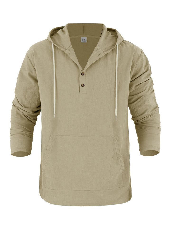 Men's Lightweight Hooded Henley Made of Cotton-Linen with Kangaroo Pocket Mune Fashion