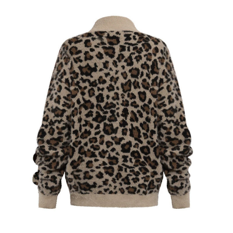 Women's Fluffy Teddy Fleece Jacket with Leopard Print and Front Zipper Mune Fashion