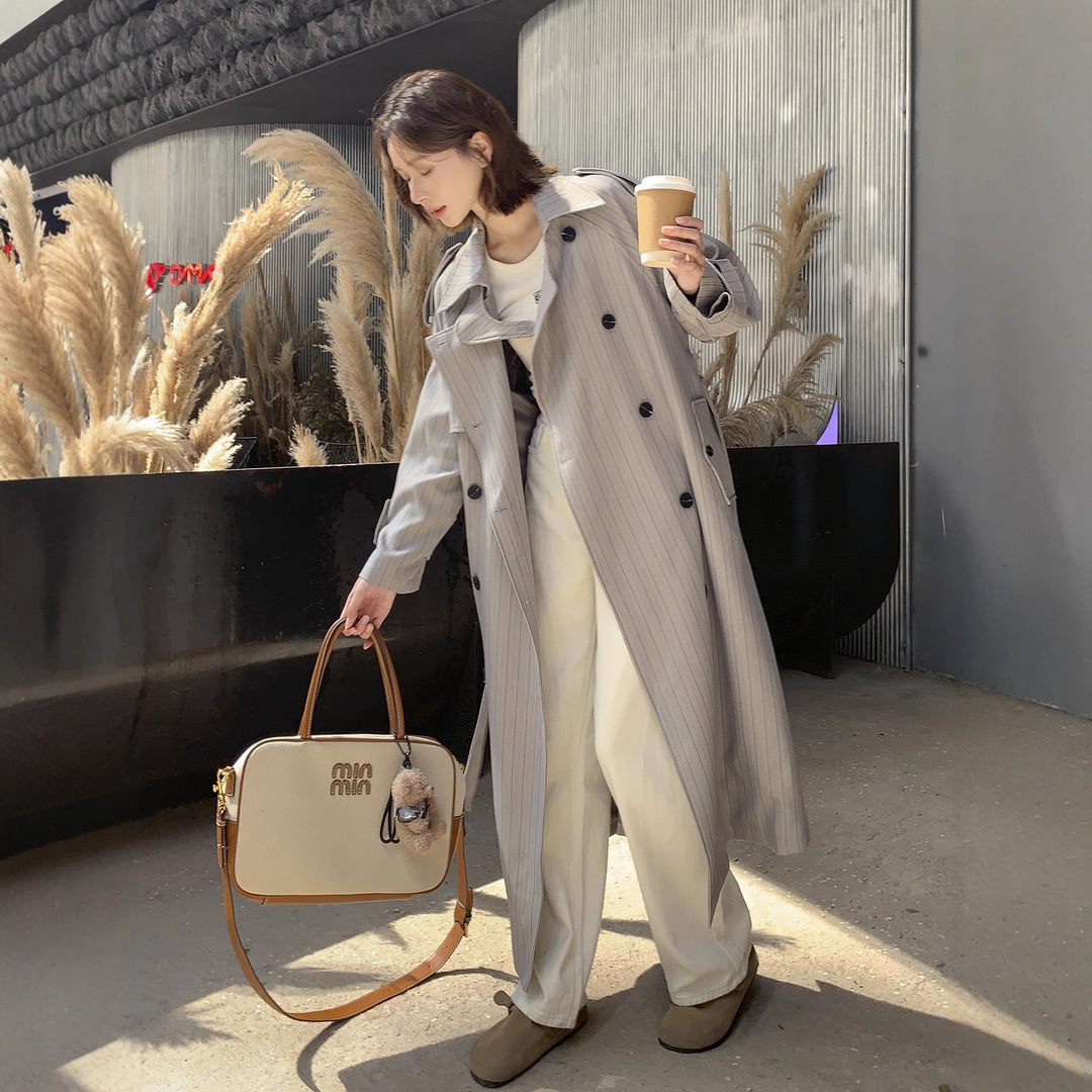 Women Elegant Maxi Long Pinstripe Trench with Shoulder Pads and Gathered Sleeves Mune Fashion