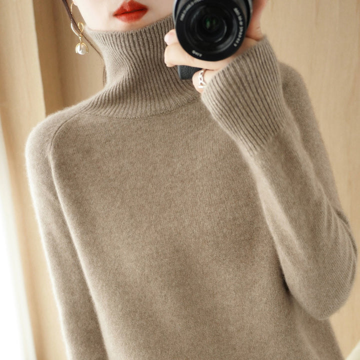 Women's Luxury Fine Knit Turtleneck Sweater with Thumbhole Cuffs and Feminine Shoulder Yoke Mune Fashion