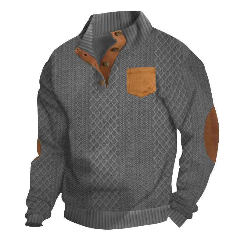 Men's Structured Cable Knit Sweatshirt with Half Button Placket, Faux Leather Patch Pocket & Elbow Patches Mune Fashion