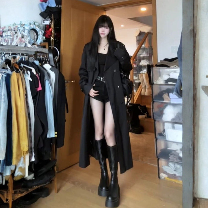 Women Long Double-Breasted Trench Coat with Shawl Collar, Oversized Cut and Concealed Waistband Mune Fashion