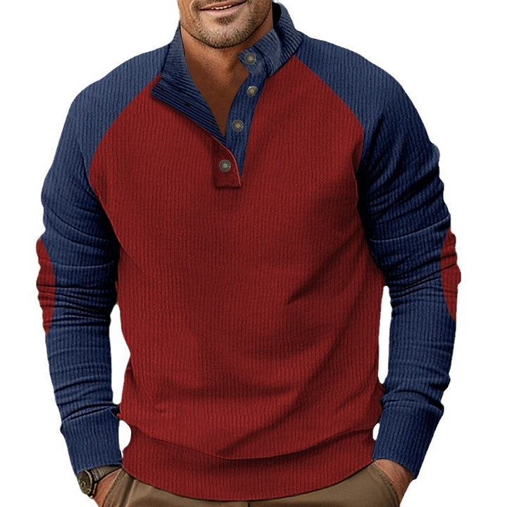 Men's rustic raglan knit sweater with short button placket and velour trim Mune Fashion