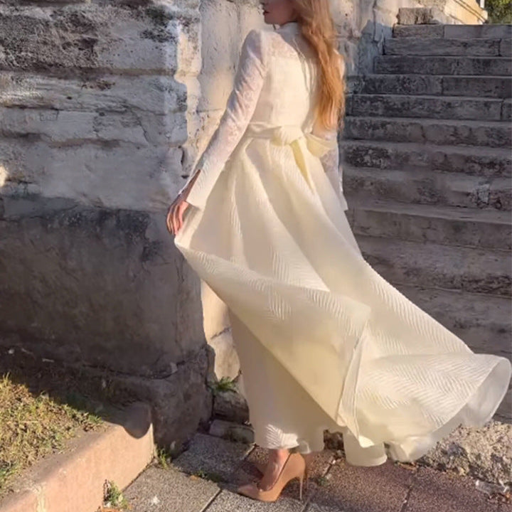 Women Elegant Maxi Dress with Lace Sleeves and Waist Belt Mune
