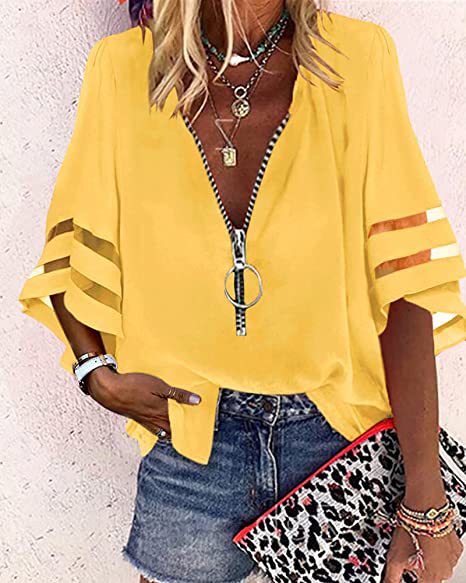 Women V-neck blouse with decorative ring zipper and cut-out sleeves Mune Fashion