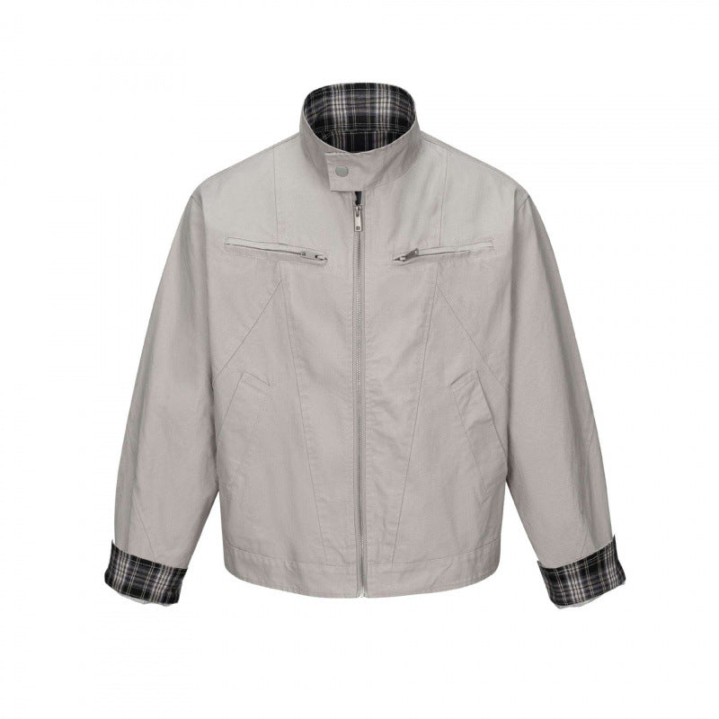 Men's cropped canvas blouson jacket with stand-up collar, zippered pockets, and checkered lining Mune Fashion