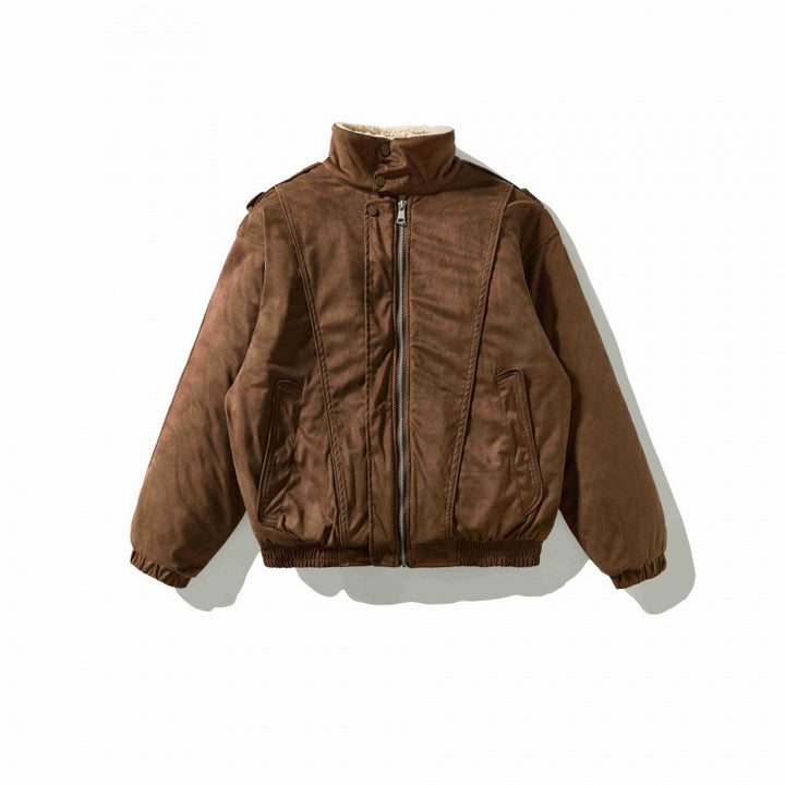 Men's Velvet Leather Look Bomber Jacket with High Stand Collar and Teddy Lining Mune Fashion