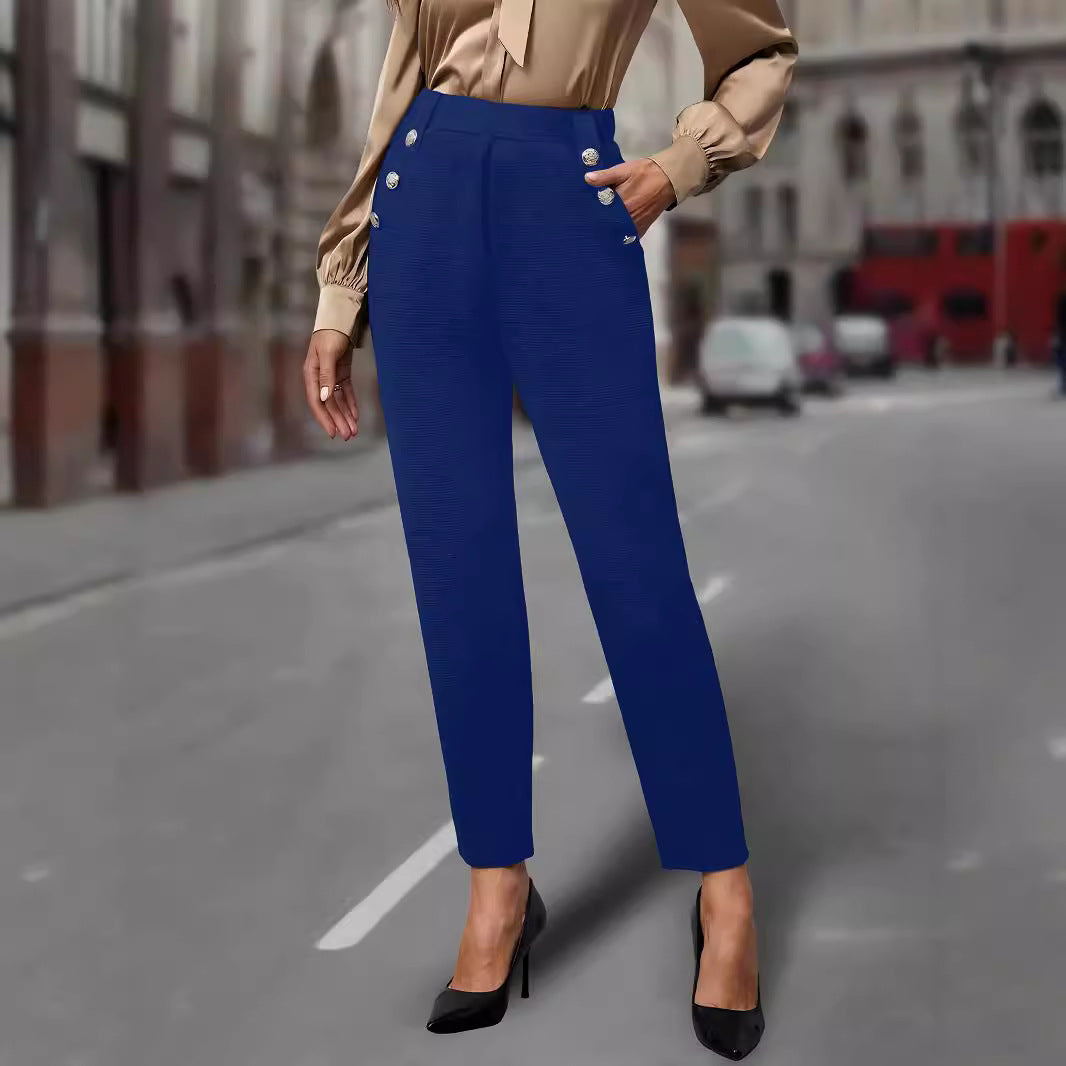 Women High-Waisted Suit Pants with Decorative Buttons Drune