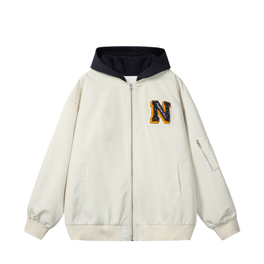 Unisex Boxy-Multi-layer Bomber Jacket with Integrated Hood and Collegiate Patch Mune Fashion