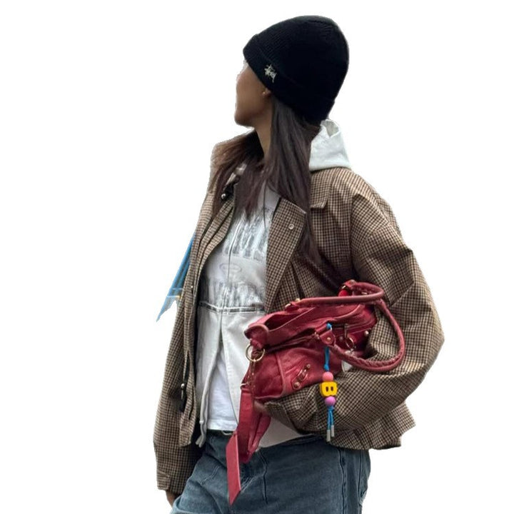 Women's Boxy Short Jacket in Glencheck with Elastic Hem and Zipper Mune Fashion