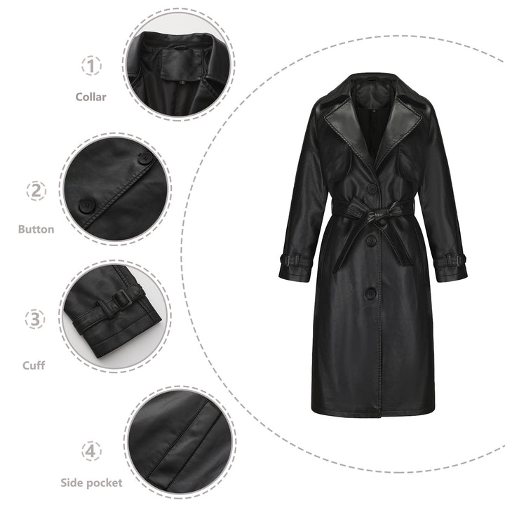 Women's longer tailored faux leather trench coat with tie belt Mune Fashion