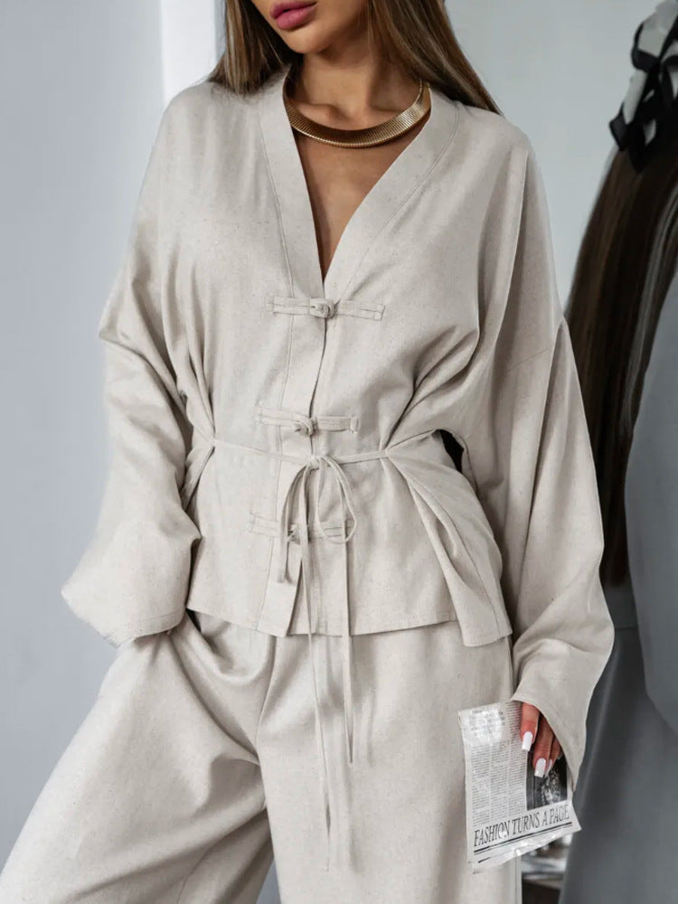 Women's Kimono-Inspired Loungewear Jacket with Waist Tie and Decorative Knot Mune Fashion