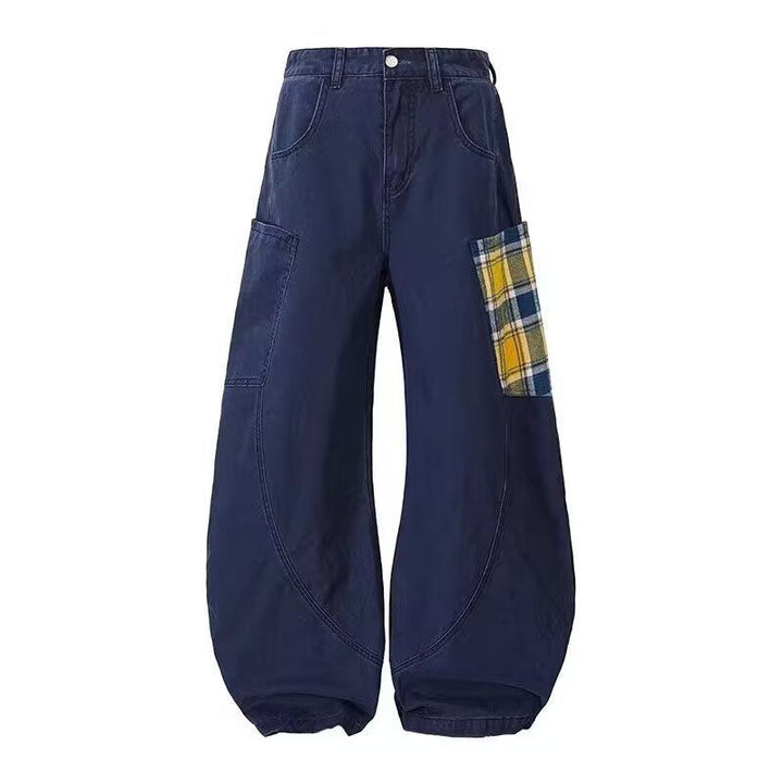 Women Wide-Cut Cargo Pants with Checkered Pattern Mune Fashion